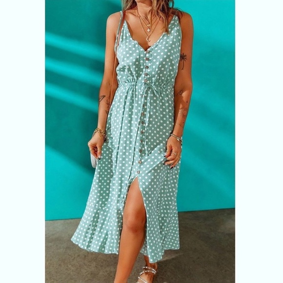 Mint Green Polka Dot Midi Button Through Dress Flared V-Neck - Picture 13 of 16